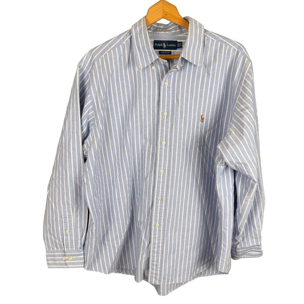 Ralph Lauren Classic Fit Blue White Striped Oxford Button Down Shirt 17.5 34/35